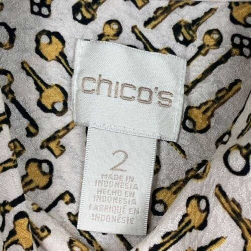 Chico’s 2 Large Novelty Print Keys Long Sleeve Collared Button Up Blouse Yellow - Picture 7 of 12
